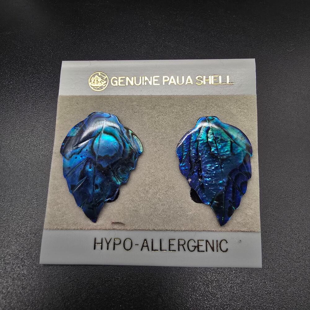 Blue Carved Leaf Paua Shell Earrings Pierced Post On Card